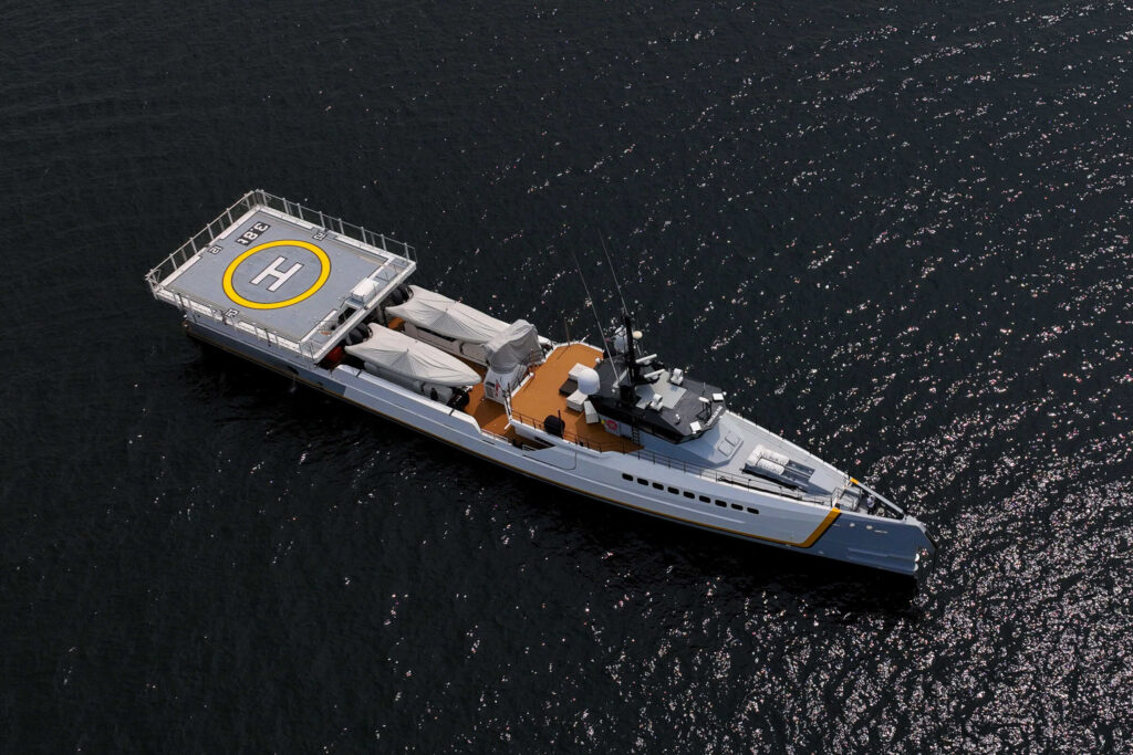 Overhead drone shot of Support vessel with helipad