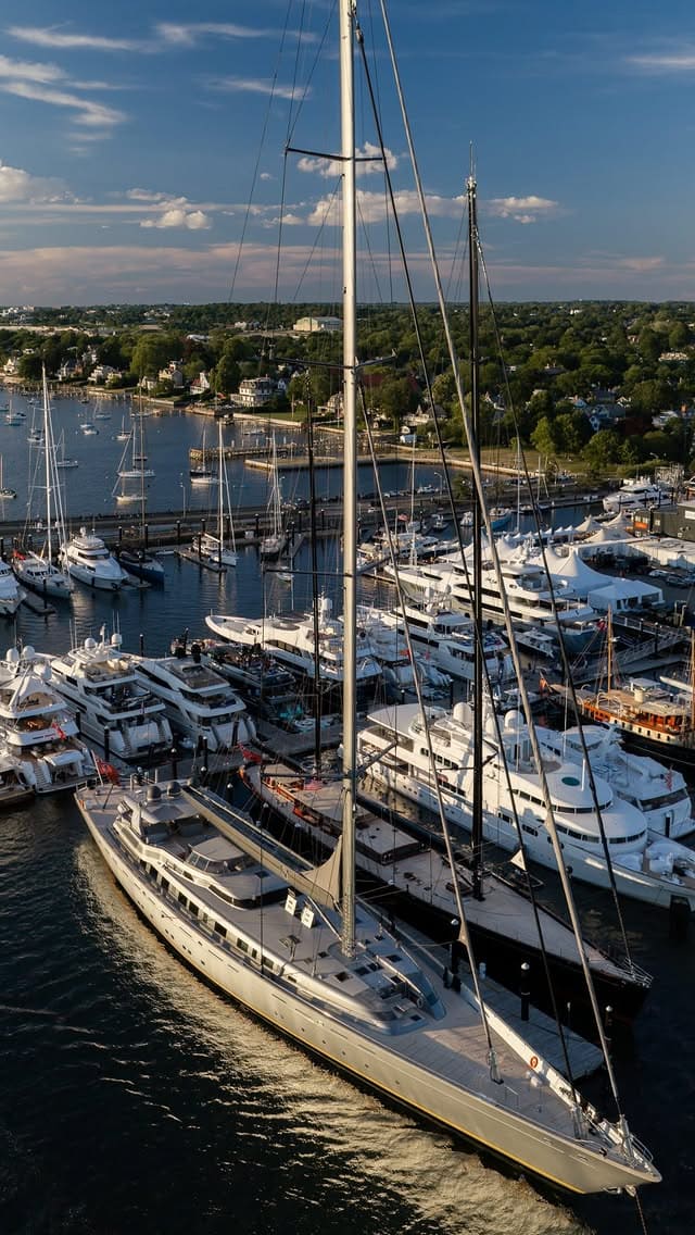 Aerial view of a sailing yacht alongside in Newport harbour with the marina and town behind
