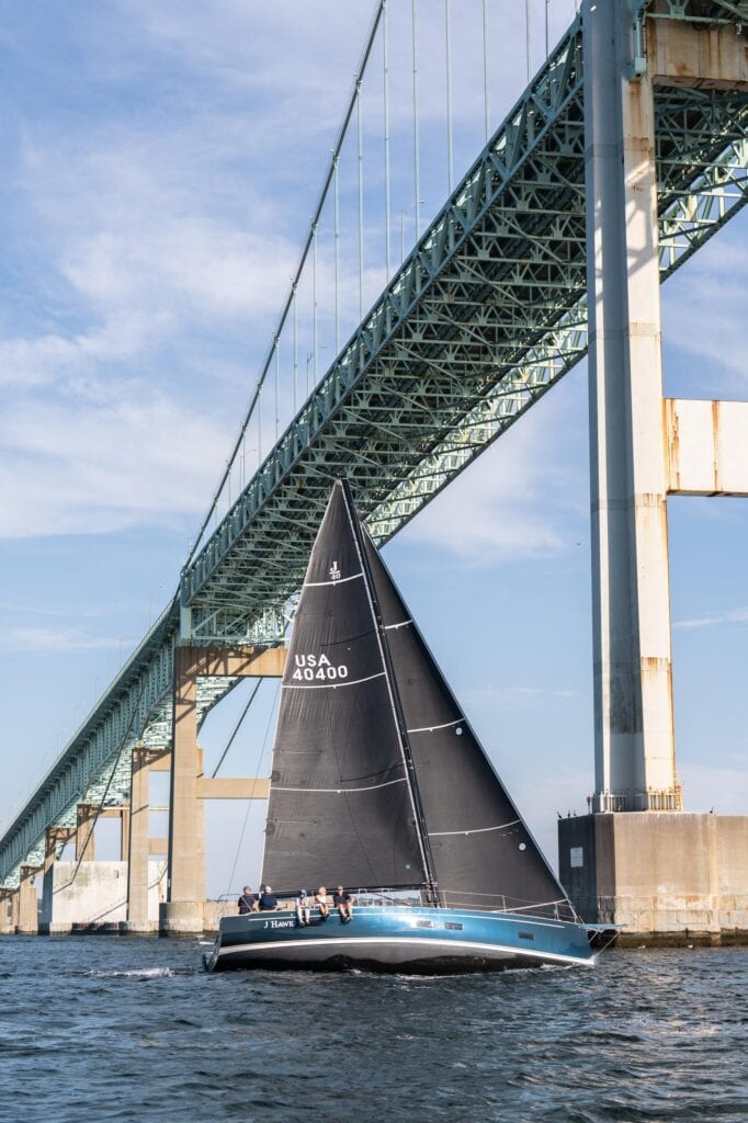 J/40 racing beneath the Newport Bridge, Rhode Island