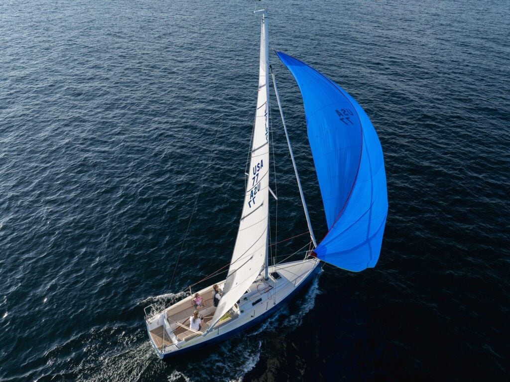 J/Boats J/9 under blue spinnaker off Newport, Rhode Island