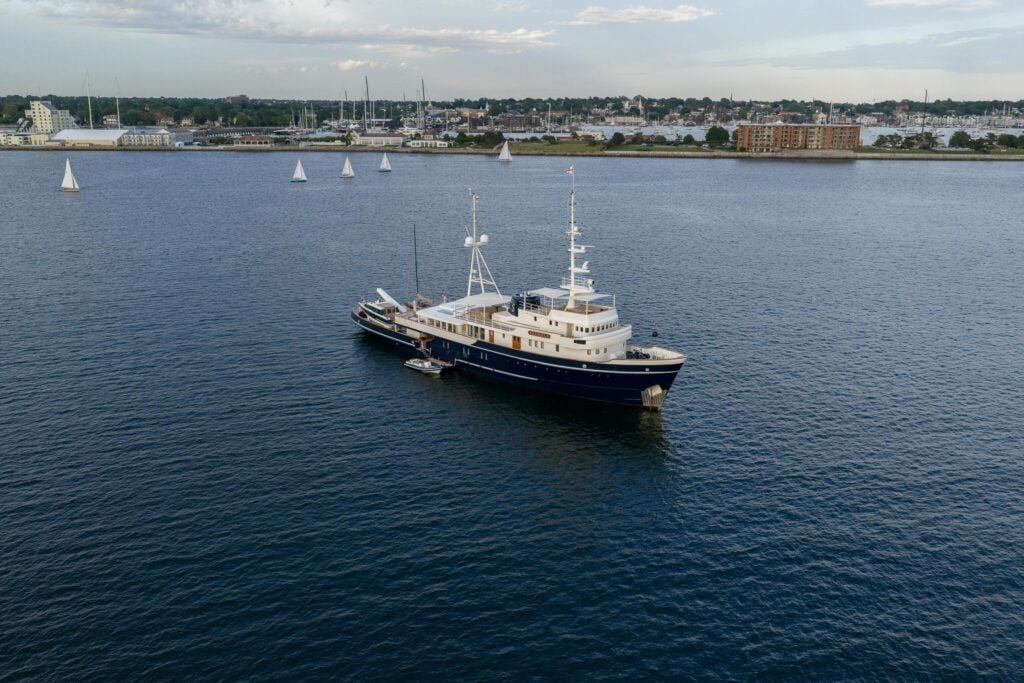 Grey explorer motor yacht under way off Newport, Rhode Island
