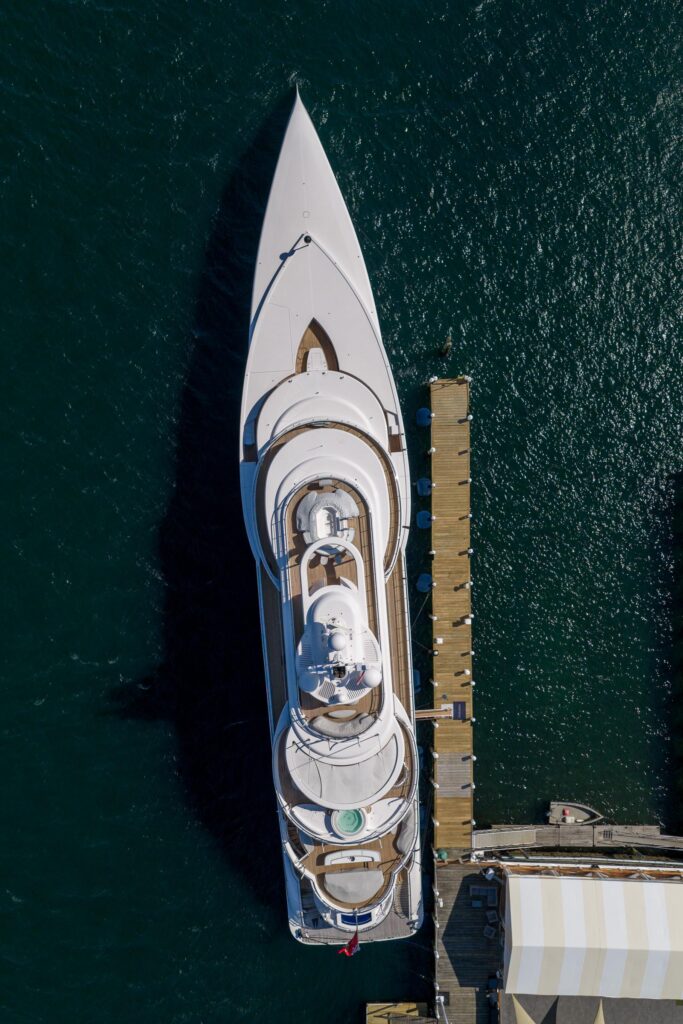 Overhead drone view of a superyacht alongside in Newport, Rhode Island