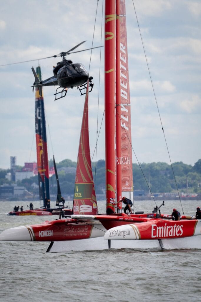 SailGP F50 catamaran foiling at speed, New York