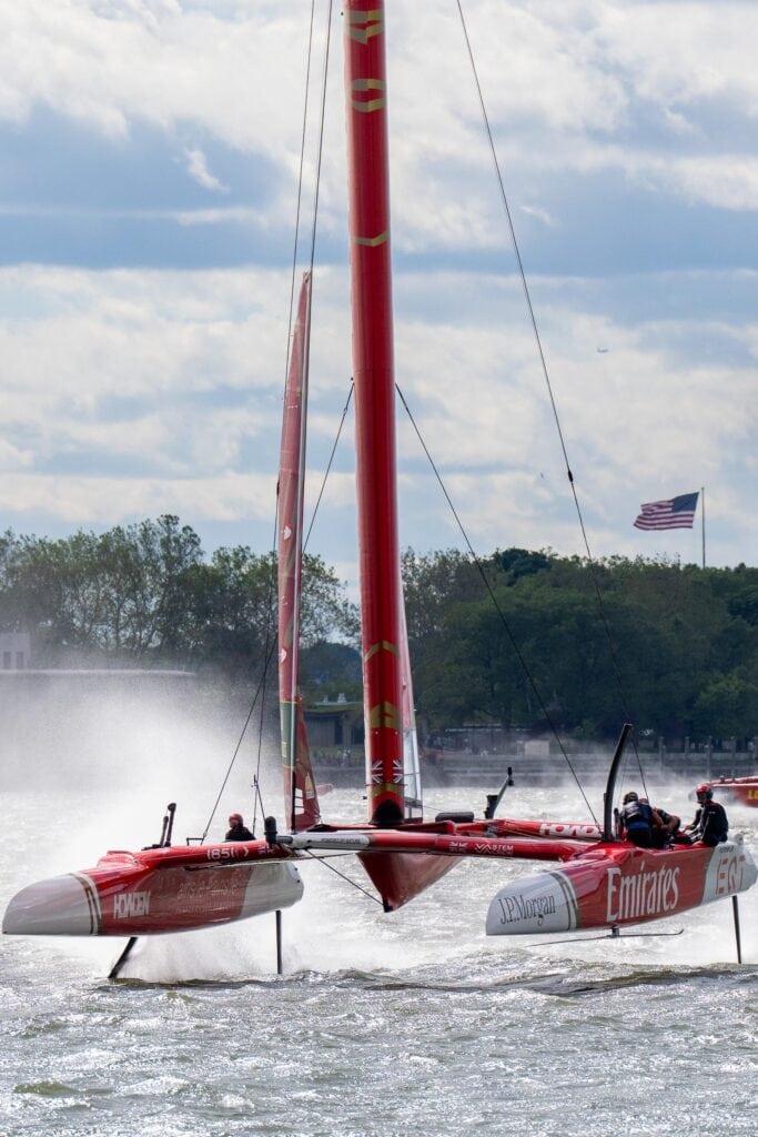SailGP F50 wing sail and spray at close quarters, New York