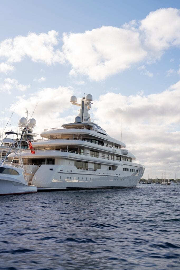 Classic white superyacht under way off Newport, Rhode Island