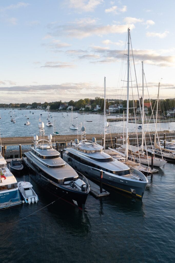 Aerial view of superyachts berthed in Newport, Rhode Island