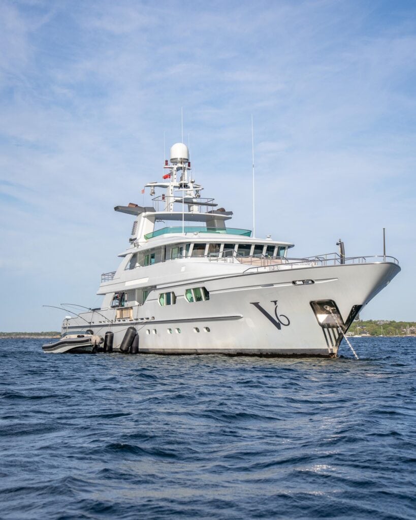 Superyacht under way off Newport, Rhode Island, tenders stowed on deck
