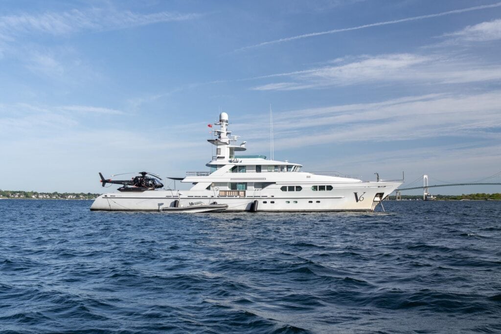 White motor yacht under way on Narragansett Bay, Rhode Island