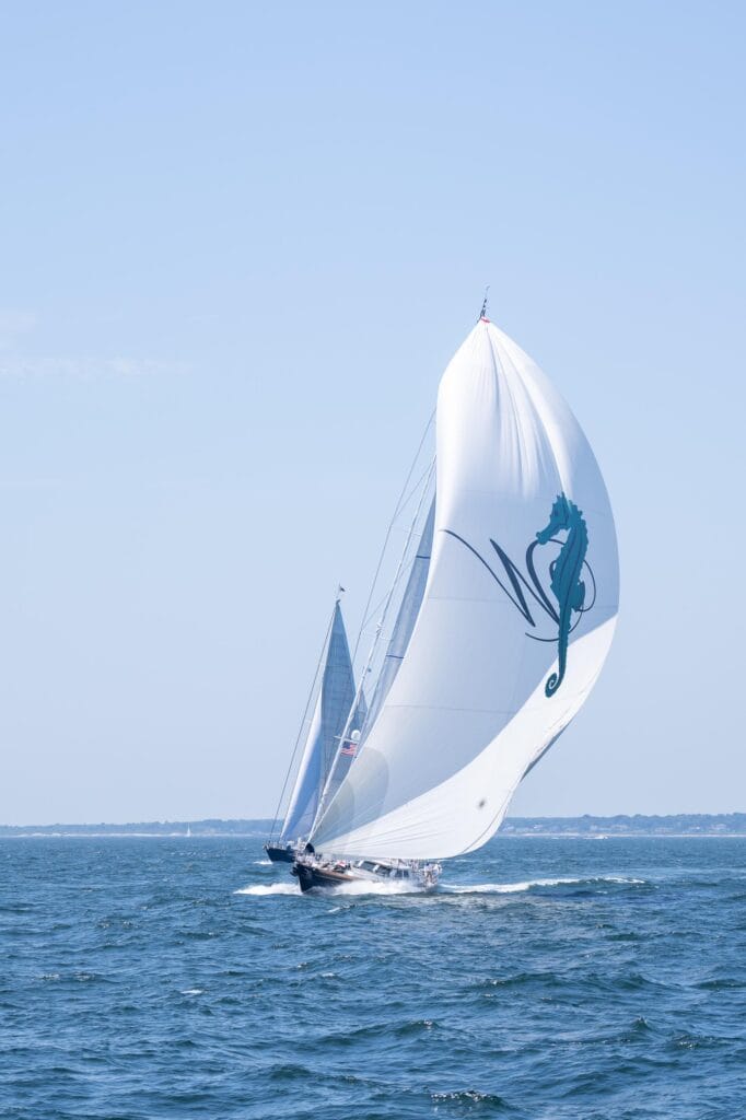 Spinnaker carrying a seahorse emblem, race day off Newport