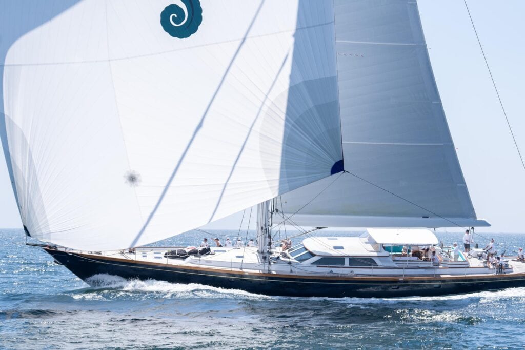Sailing yacht under spinnaker on race day off Newport, Rhode Island